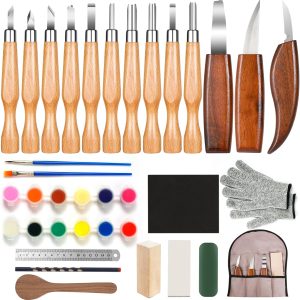 38 in-1 Wood Carving Kit, Wood Carving Tools with 13PCS Whittling Knife & Paint Set & Carpenter's Pencil & Basswood Blocks Etc, Wood Carving Kit for Beginners