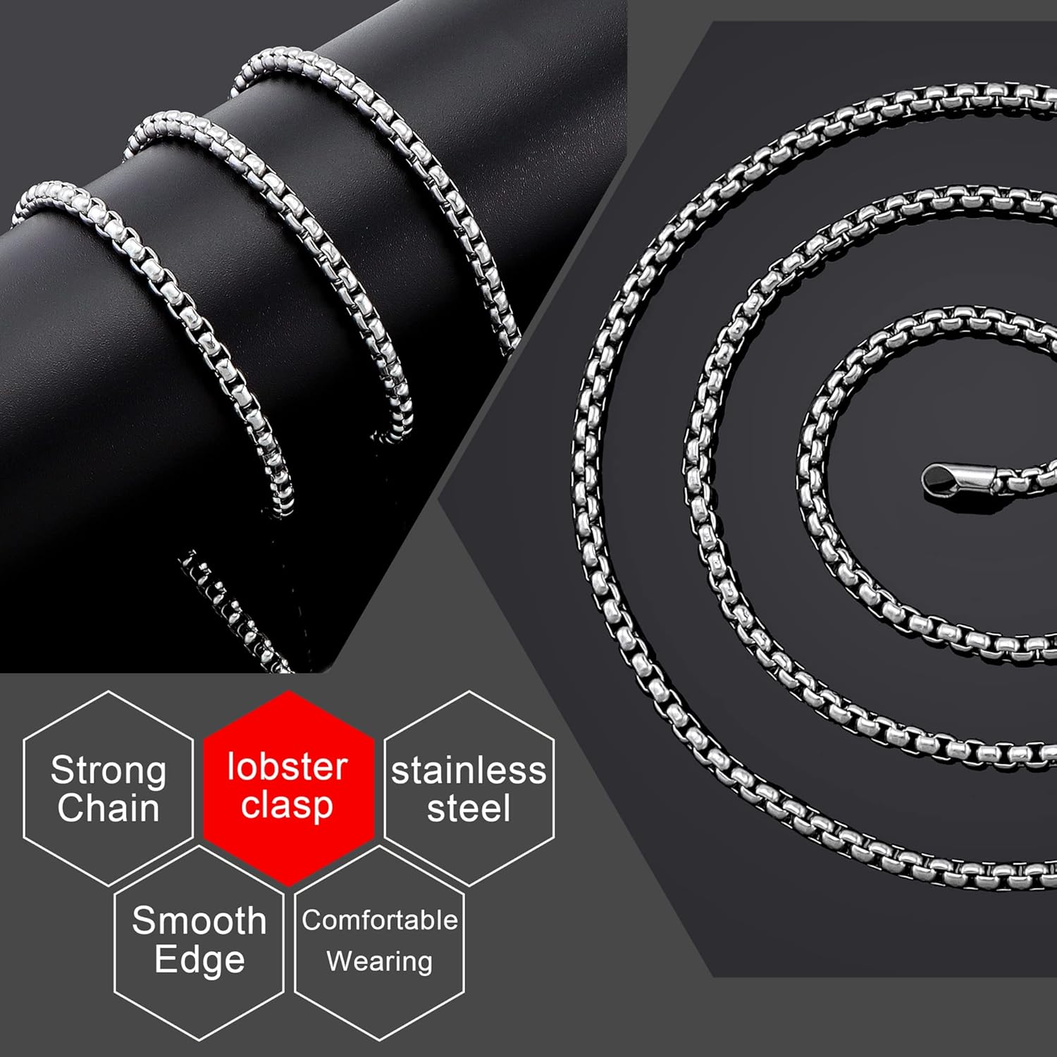 Square Rolo Chain Necklace Stainless Steel Round Box Necklace for Men Women/2mm-7mm/16Inch-36Inch - Image 3