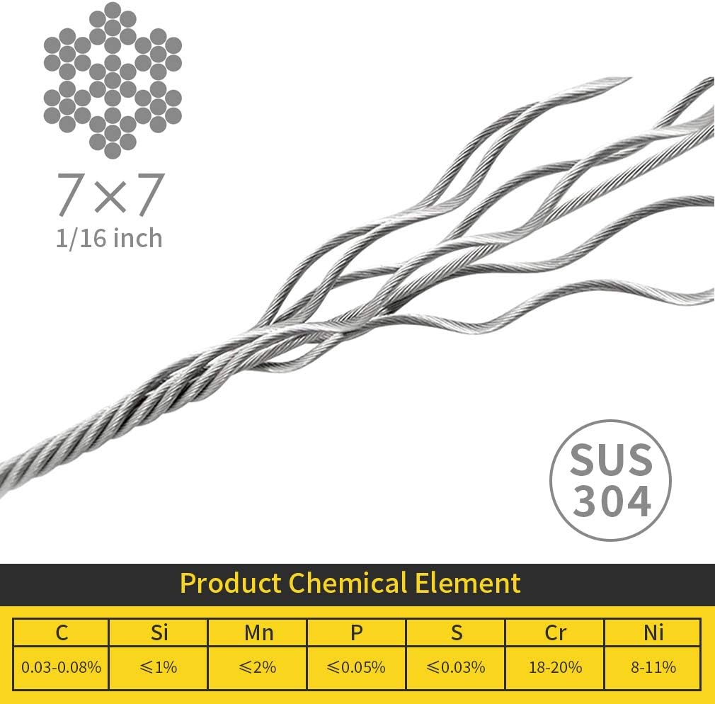 Wire Rope, 1/16 Wire Rope, 304 Stainless Steel Cable, Aircraft Cable, Steel Wire, 328FT with 150Pcs Crimping Sleeves, Clothes Line Wires, Trellis Wire, 7x7 368lbs Breaking Strength - Image 2